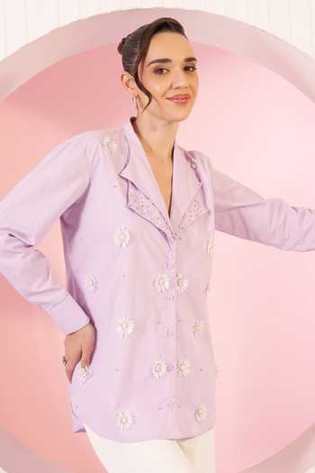 Buy_BAHAARA BY DIVYA NARULA_White Cotton, Crepe Collared Neck Robyn Embellished Shirt And Pant Set _Online_at_Aza_Fashions