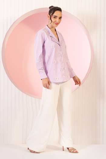Shop_BAHAARA BY DIVYA NARULA_White Cotton, Crepe Collared Neck Robyn Embellished Shirt And Pant Set _Online_at_Aza_Fashions