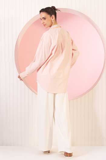 Shop_BAHAARA BY DIVYA NARULA_Peach Cotton, Crepe Collared Neck Millie Embellished Shirt And Pant Set _at_Aza_Fashions