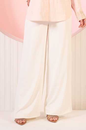 BAHAARA BY DIVYA NARULA_Peach Cotton, Crepe Collared Neck Millie Embellished Shirt And Pant Set _Online_at_Aza_Fashions