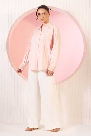 Buy_BAHAARA BY DIVYA NARULA_Peach Cotton, Crepe Collared Neck Millie Embellished Shirt And Pant Set _Online_at_Aza_Fashions