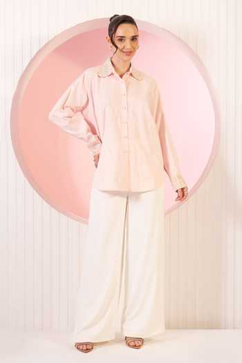 Buy_BAHAARA BY DIVYA NARULA_Peach Cotton, Crepe Collared Neck Millie Embellished Shirt And Pant Set _at_Aza_Fashions