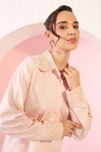 Shop_BAHAARA BY DIVYA NARULA_Peach Cotton, Crepe Collared Neck Millie Embellished Shirt And Pant Set _Online_at_Aza_Fashions