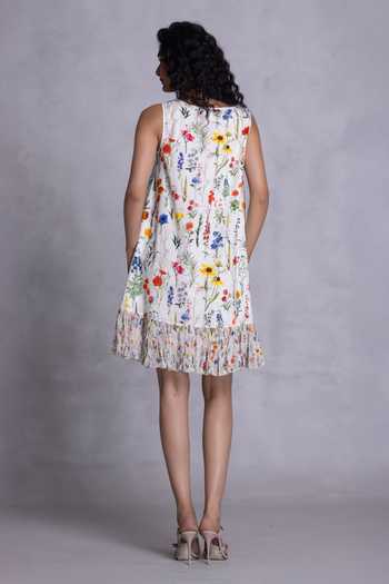 Shop_Payal Jain_Off White Georgette, Cambric Round Neck Zinnia Floral Print Shift Dress _at_Aza_Fashions