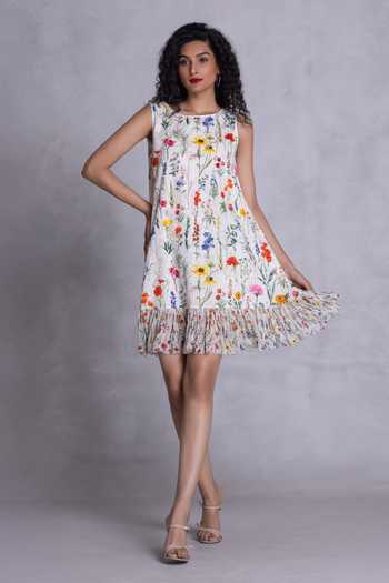 Buy_Payal Jain_Off White Georgette, Cambric Round Neck Zinnia Floral Print Shift Dress _at_Aza_Fashions