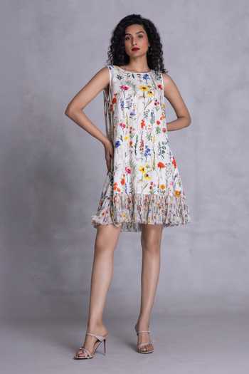 Payal Jain_Off White Georgette, Cambric Round Neck Zinnia Floral Print Shift Dress _Online_at_Aza_Fashions