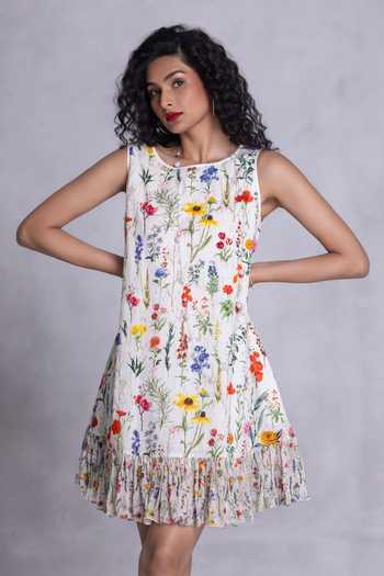 Shop_Payal Jain_Off White Georgette, Cambric Round Neck Zinnia Floral Print Shift Dress _Online_at_Aza_Fashions