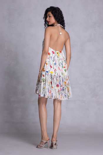 Shop_Payal Jain_Off White Georgette, Cambric Halter Neck Floral Print Short Dress _at_Aza_Fashions