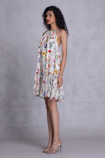 Payal Jain_Off White Georgette, Cambric Halter Neck Floral Print Short Dress _Online_at_Aza_Fashions