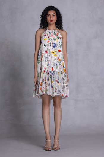 Buy_Payal Jain_Off White Georgette, Cambric Halter Neck Floral Print Short Dress _Online_at_Aza_Fashions
