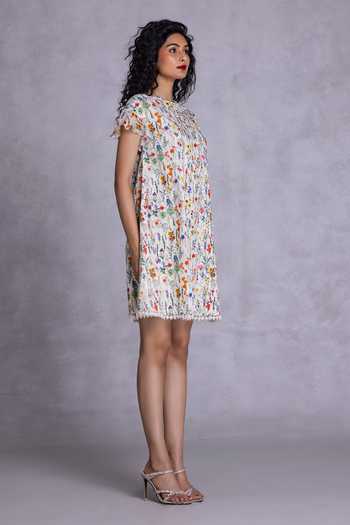 Shop_Payal Jain_Off White Cambric Round Neck Sunflower Print Shift Dress _at_Aza_Fashions
