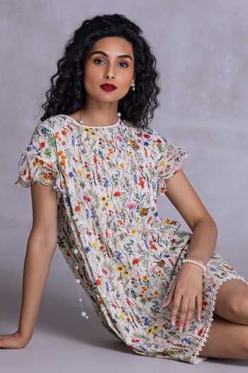 Payal Jain_Off White Cambric Round Neck Sunflower Print Shift Dress _Online_at_Aza_Fashions