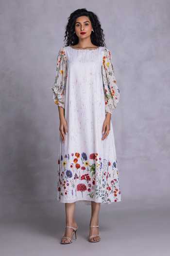 Payal Jain_Off White Crepe Boat Neck Floral Placement Print Dress _Online_at_Aza_Fashions