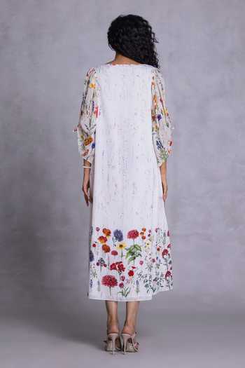 Shop_Payal Jain_Off White Crepe Boat Neck Floral Placement Print Dress _at_Aza_Fashions