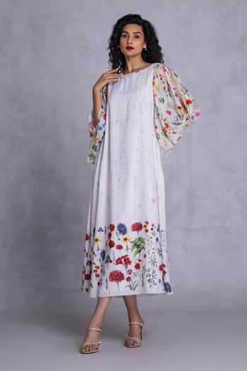 Shop_Payal Jain_Off White Crepe Boat Neck Floral Placement Print Dress _Online_at_Aza_Fashions