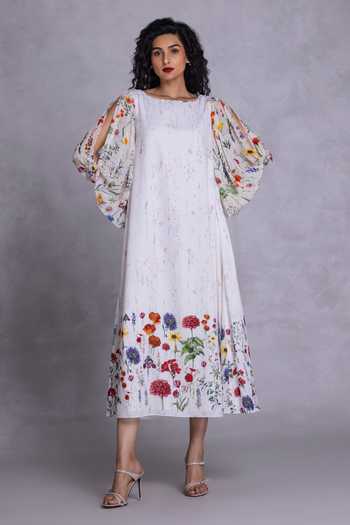 Buy_Payal Jain_Off White Crepe Boat Neck Floral Placement Print Dress _at_Aza_Fashions