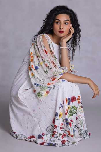 Payal Jain_Off White Crepe Boat Neck Floral Placement Print Dress _at_Aza_Fashions