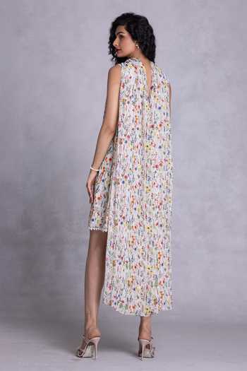 Shop_Payal Jain_Off White Cambric, Georgette Shawl Neck Floral Print Shift Dress _at_Aza_Fashions