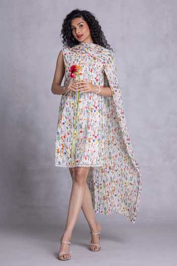 Payal Jain_Off White Cambric, Georgette Shawl Neck Floral Print Shift Dress _Online_at_Aza_Fashions