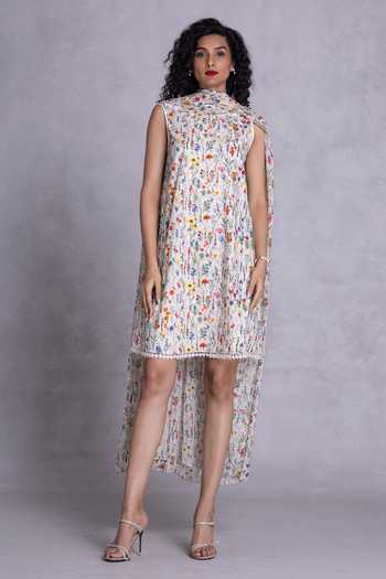 Buy_Payal Jain_Off White Cambric, Georgette Shawl Neck Floral Print Shift Dress _Online_at_Aza_Fashions