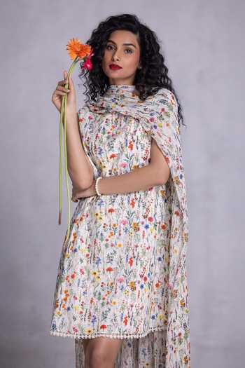 Shop_Payal Jain_Off White Cambric, Georgette Shawl Neck Floral Print Shift Dress _Online_at_Aza_Fashions