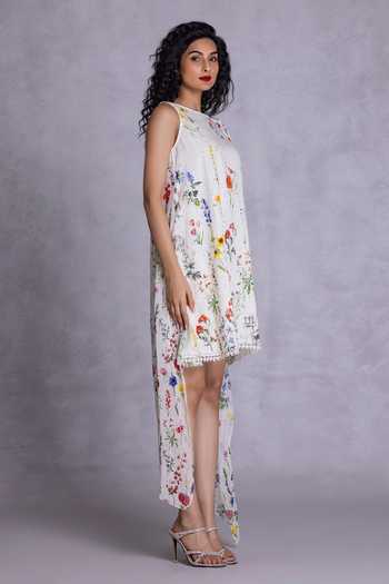 Payal Jain_Off White Georgette, Cambric Round Neck Floral Print Dress _Online_at_Aza_Fashions