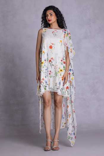 Buy_Payal Jain_Off White Georgette, Cambric Round Neck Floral Print Dress _Online_at_Aza_Fashions