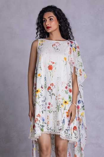 Payal Jain_Off White Georgette, Cambric Round Neck Floral Print Dress _at_Aza_Fashions