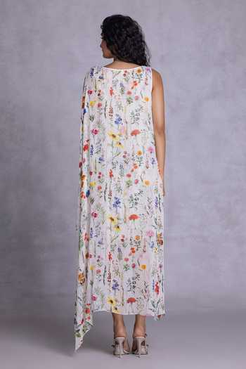 Shop_Payal Jain_Off White Georgette, Cambric Round Neck Floral Print Dress _at_Aza_Fashions