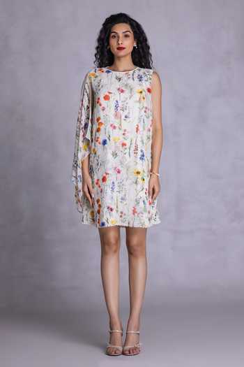 Payal Jain_Off White Georgette, Cambric Round Neck Floral Print Dress _Online_at_Aza_Fashions