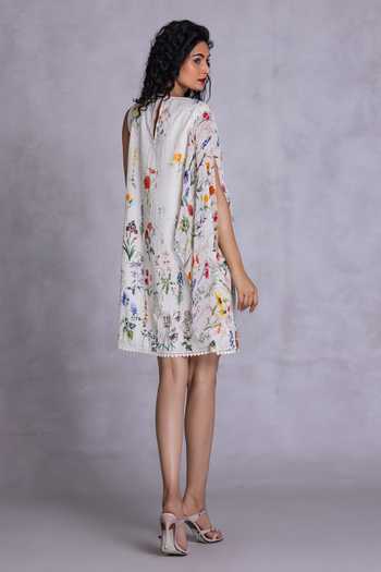 Shop_Payal Jain_Off White Georgette, Cambric Round Neck Floral Print Dress _at_Aza_Fashions
