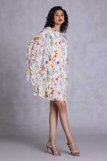 Buy_Payal Jain_Off White Georgette, Cambric Round Neck Floral Print Dress _Online_at_Aza_Fashions