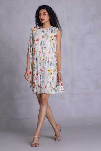 Shop_Payal Jain_Off White Georgette, Cambric Round Neck Floral Print Dress _Online_at_Aza_Fashions