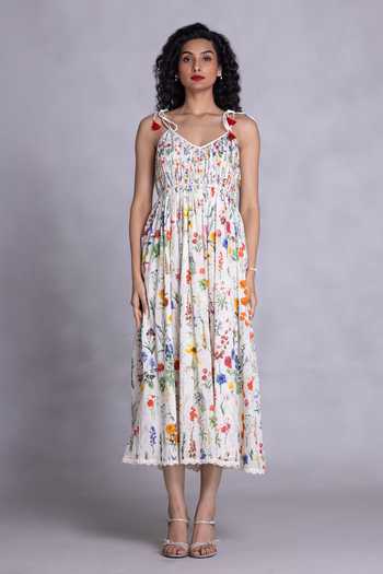 Payal Jain_Multi Color Cambric V-neck Floral Print Tie Straps Midi Dress _Online_at_Aza_Fashions