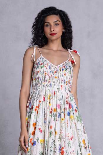 Buy_Payal Jain_Multi Color Cambric V-neck Floral Print Tie Straps Midi Dress _Online_at_Aza_Fashions
