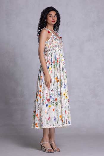 Shop_Payal Jain_Multi Color Cambric V-neck Floral Print Tie Straps Midi Dress _Online_at_Aza_Fashions