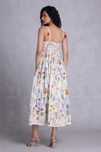 Shop_Payal Jain_Multi Color Cambric V-neck Floral Print Tie Straps Midi Dress _at_Aza_Fashions