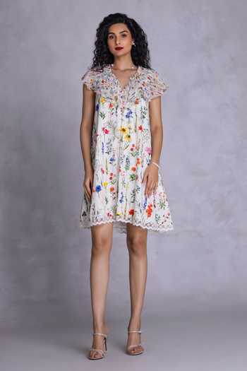 Payal Jain_Off White Cambric V-neck Floral Print Dress _Online_at_Aza_Fashions