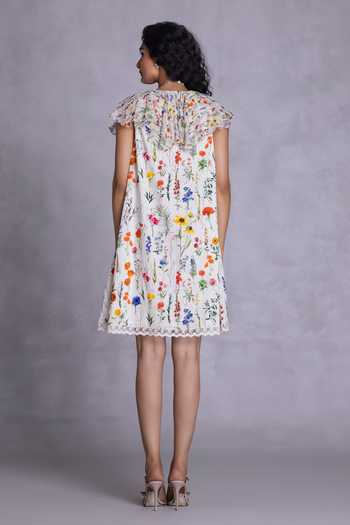 Shop_Payal Jain_Off White Cambric V-neck Floral Print Dress _at_Aza_Fashions
