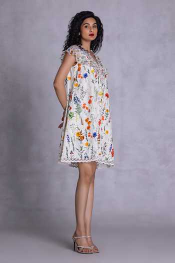 Buy_Payal Jain_Off White Cambric V-neck Floral Print Dress _Online_at_Aza_Fashions