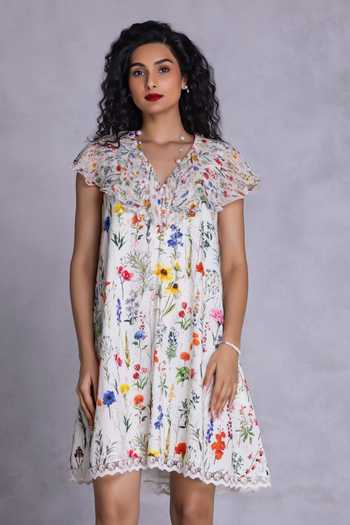 Shop_Payal Jain_Off White Cambric V-neck Floral Print Dress _Online_at_Aza_Fashions