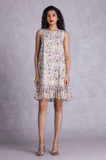 Payal Jain_Off White Cambric Boat Neck Floral Print Short Shift Dress _Online_at_Aza_Fashions