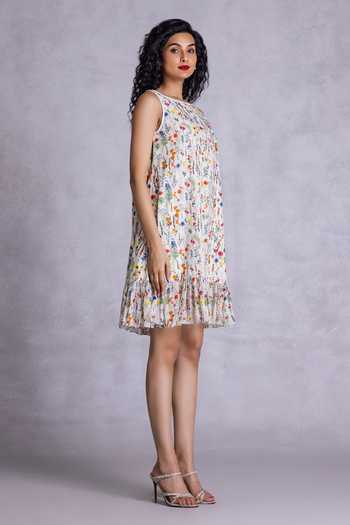 Buy_Payal Jain_Off White Cambric Boat Neck Floral Print Short Shift Dress _Online_at_Aza_Fashions