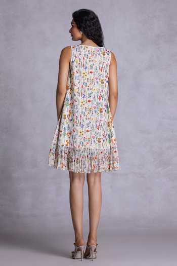 Shop_Payal Jain_Off White Cambric Boat Neck Floral Print Short Shift Dress _at_Aza_Fashions