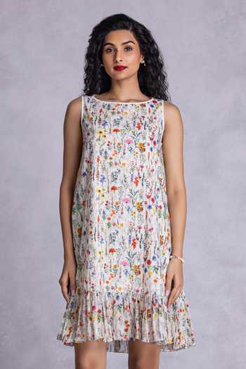Shop_Payal Jain_Off White Cambric Boat Neck Floral Print Short Shift Dress _Online_at_Aza_Fashions