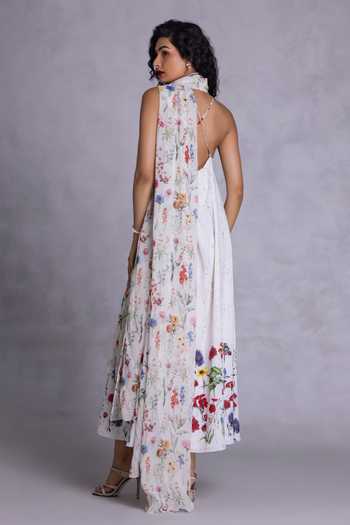 Shop_Payal Jain_Off White Crepe Halter Neck Floral Print Draped Dress _at_Aza_Fashions