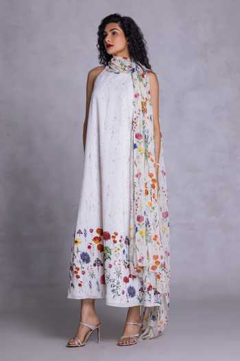 Payal Jain_Off White Crepe Halter Neck Floral Print Draped Dress _Online_at_Aza_Fashions