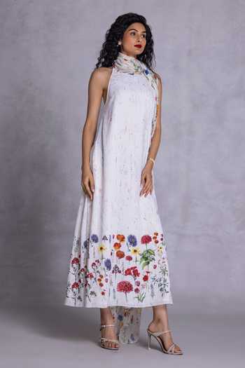 Buy_Payal Jain_Off White Crepe Halter Neck Floral Print Draped Dress _Online_at_Aza_Fashions