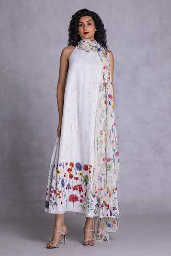 Shop_Payal Jain_Off White Crepe Halter Neck Floral Print Draped Dress _Online_at_Aza_Fashions
