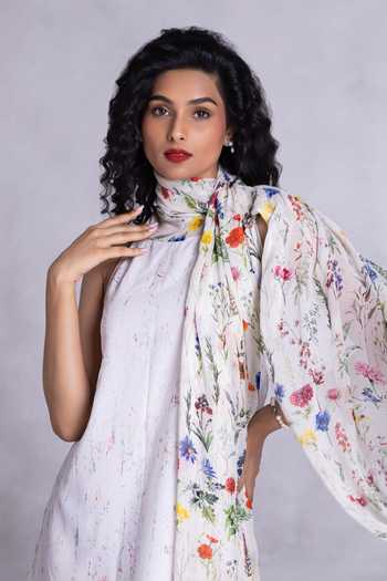 Payal Jain_Off White Crepe Halter Neck Floral Print Draped Dress _at_Aza_Fashions